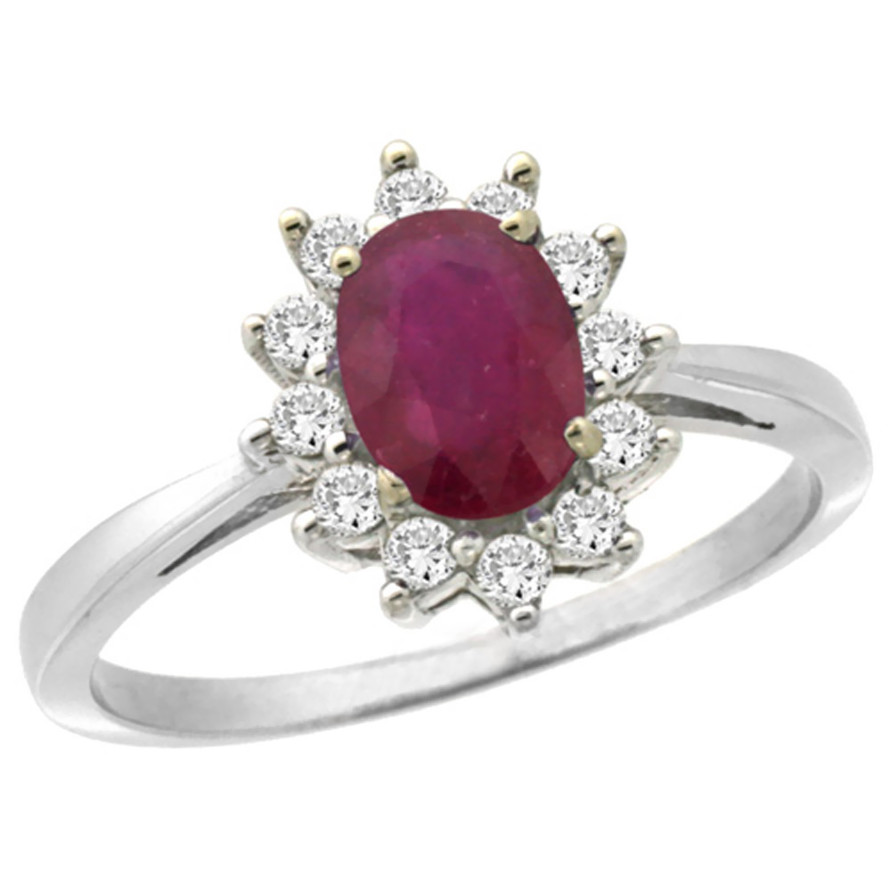 14K White Gold Enhanced Genuine Ruby Engagement Ring Oval 7x5mm Diamond Halo, sizes 5-10