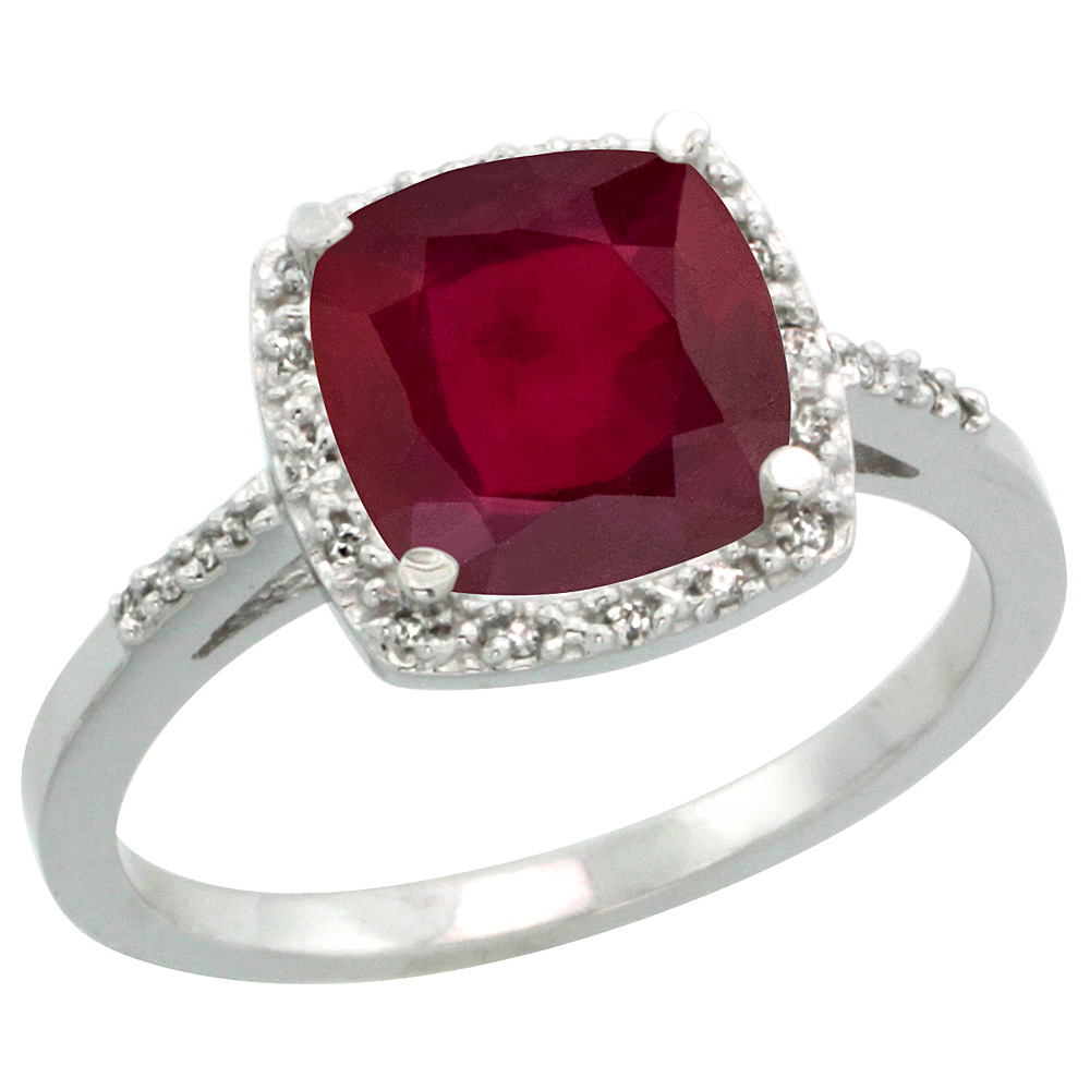 14K White Gold Diamond Enhanced Genuine Ruby Ring Cushion-cut 8x8 mm, sizes 5-10
