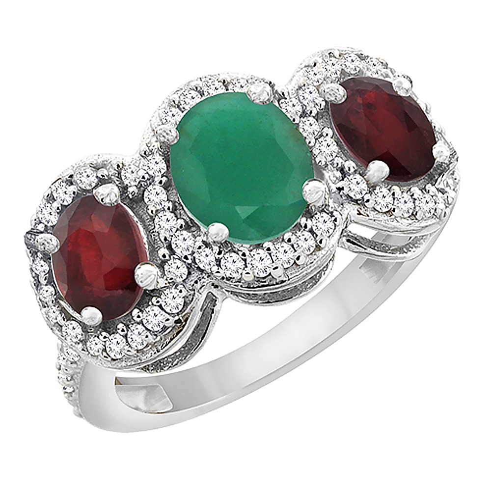 14K White Gold Natural Cabochon Emerald &amp; Enhanced Ruby 3-Stone Ring Oval Diamond Accent, sizes 5 - 10