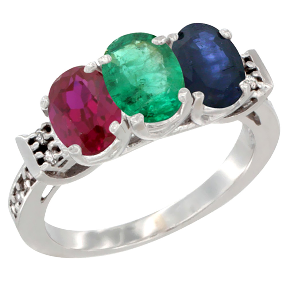 10K White Gold Enhanced Ruby, Natural Emerald &amp; Blue Sapphire Ring 3-Stone Oval 7x5 mm Diamond Accent, sizes 5 - 10