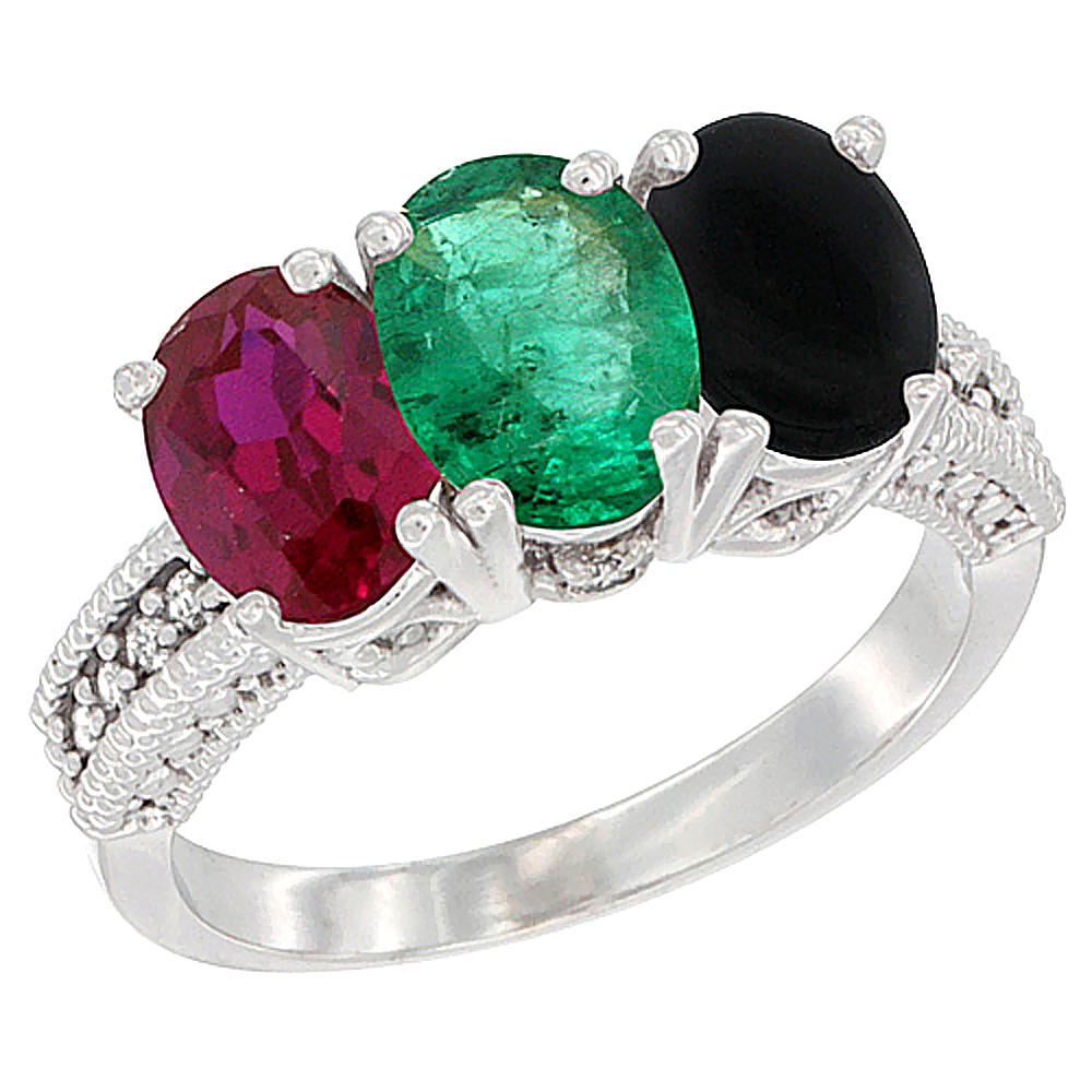 10K White Gold Enhanced Ruby, Natural Emerald & Black Onyx Ring 3-Stone Oval 7x5 mm Diamond Accent, sizes 5 - 10