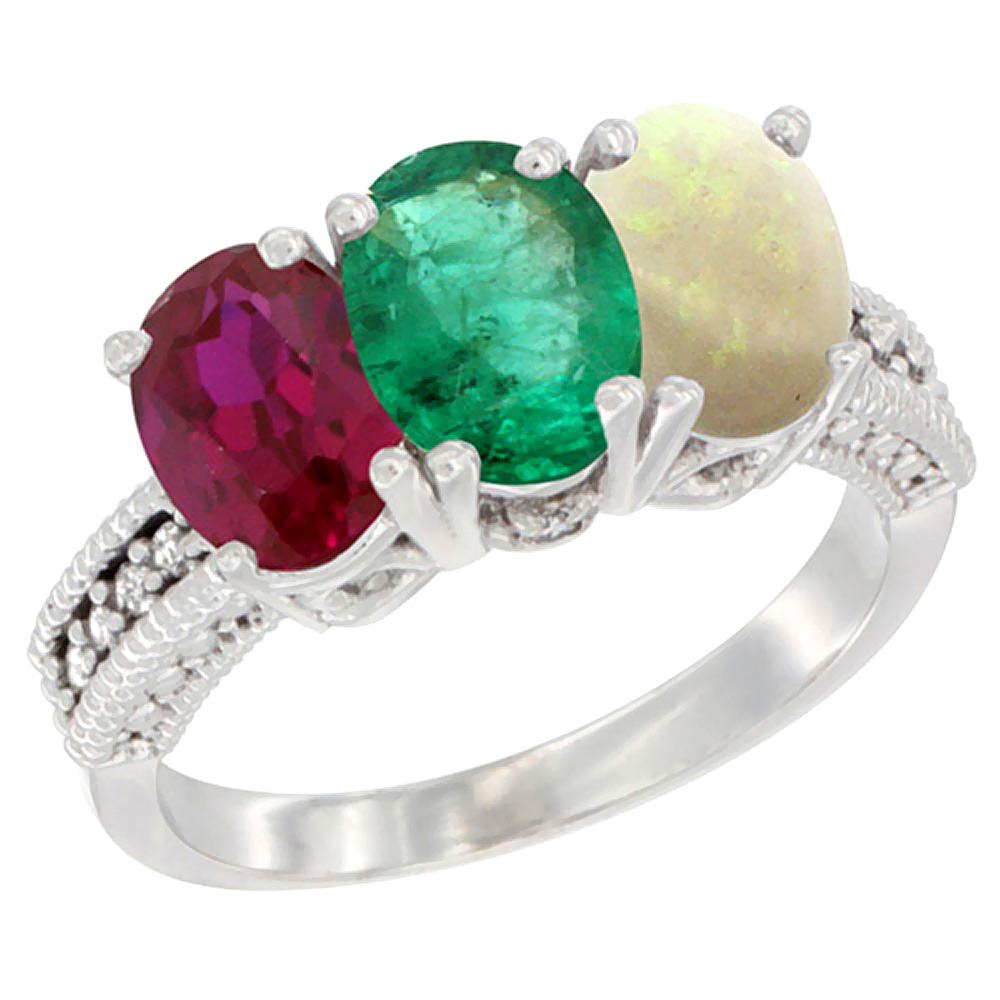 10K White Gold Enhanced Ruby, Natural Emerald & Opal Ring 3-Stone Oval 7x5 mm Diamond Accent, sizes 5 - 10