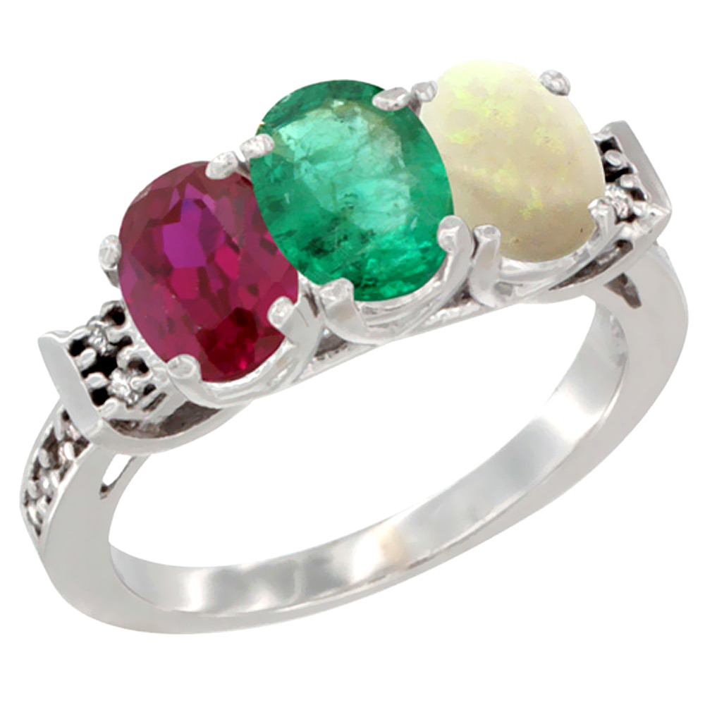 10K White Gold Enhanced Ruby, Natural Emerald &amp; Opal Ring 3-Stone Oval 7x5 mm Diamond Accent, sizes 5 - 10