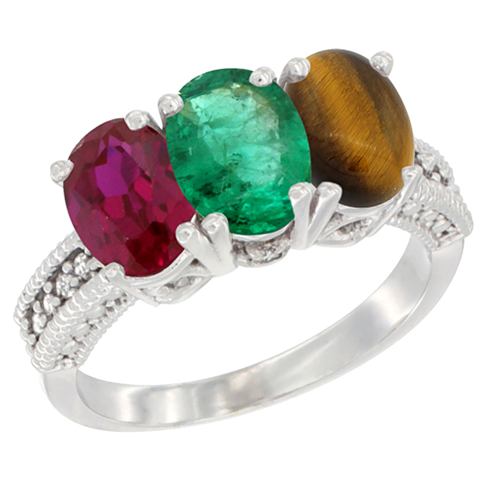 10K White Gold Enhanced Ruby, Natural Emerald & Tiger Eye Ring 3-Stone Oval 7x5 mm Diamond Accent, sizes 5 - 10