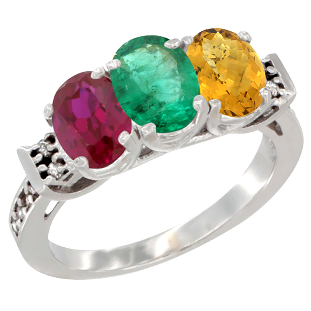 10K White Gold Enhanced Ruby, Natural Emerald & Whisky Quartz Ring 3-Stone Oval 7x5 mm Diamond Accent, sizes 5 - 10