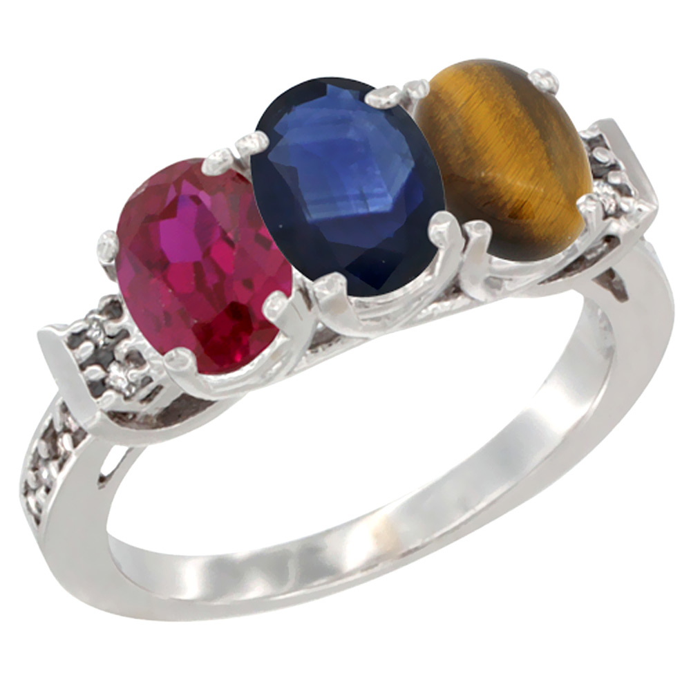 10K White Gold Enhanced Ruby, Natural Blue Sapphire & Tiger Eye Ring 3-Stone Oval 7x5 mm Diamond Accent, sizes 5 - 10