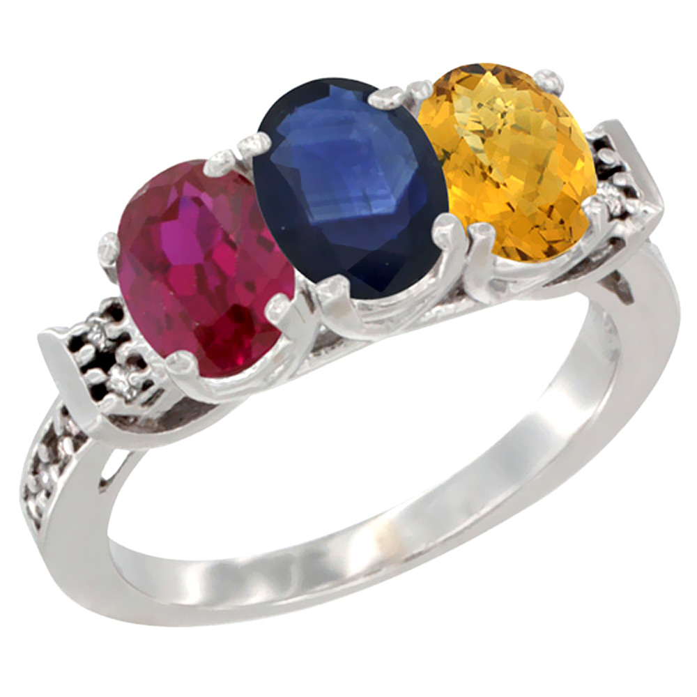 10K White Gold Enhanced Ruby, Natural Blue Sapphire &amp; Whisky Quartz Ring 3-Stone Oval 7x5 mm Diamond Accent, sizes 5 - 10