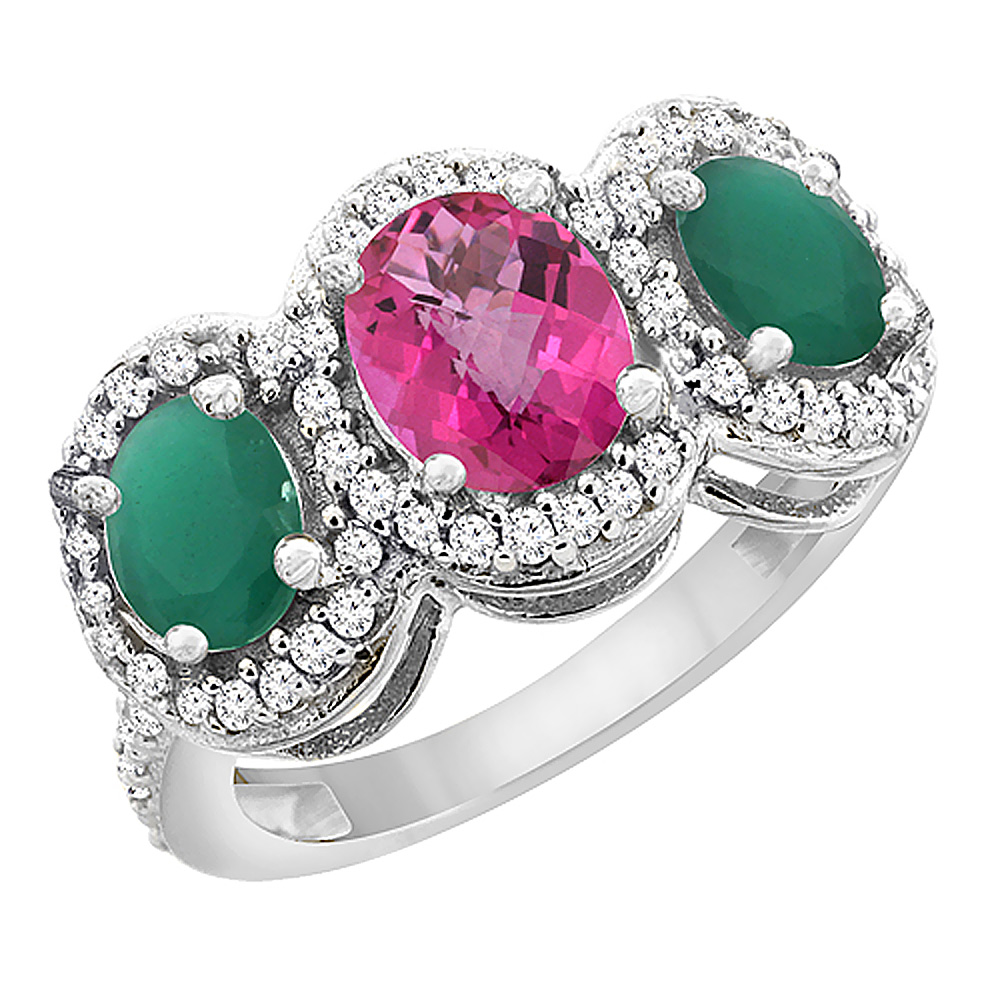 14K White Gold Natural Pink Topaz &amp; Emerald 3-Stone Ring Oval Diamond Accent, sizes 5 - 10