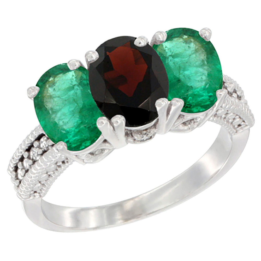10K White Gold Diamond Natural Garnet &amp; Emerald Ring 3-Stone 7x5 mm Oval, sizes 5 - 10