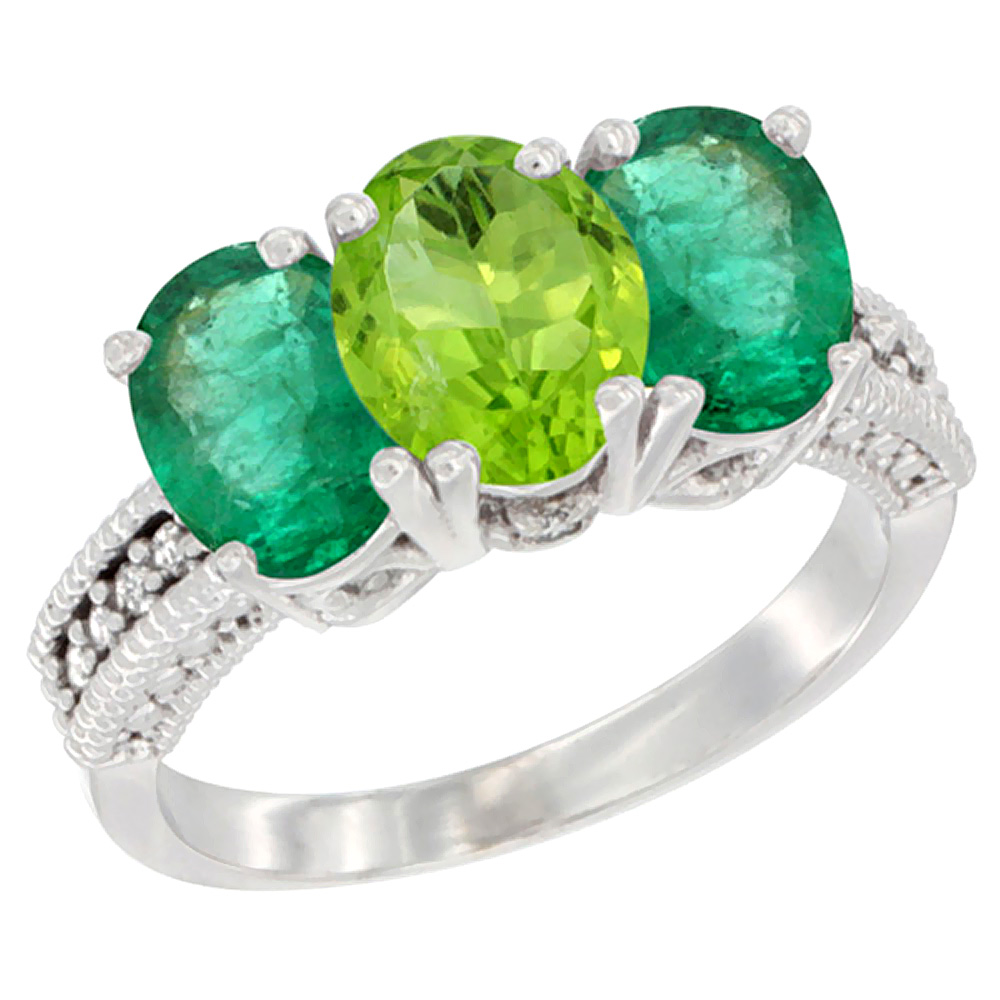 10K White Gold Diamond Natural Peridot & Emerald Ring 3-Stone 7x5 mm Oval, sizes 5 - 10