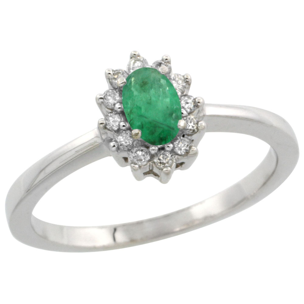14K White Gold Natural Emerald Ring Oval 5x3mm Diamond Halo, sizes 5-10