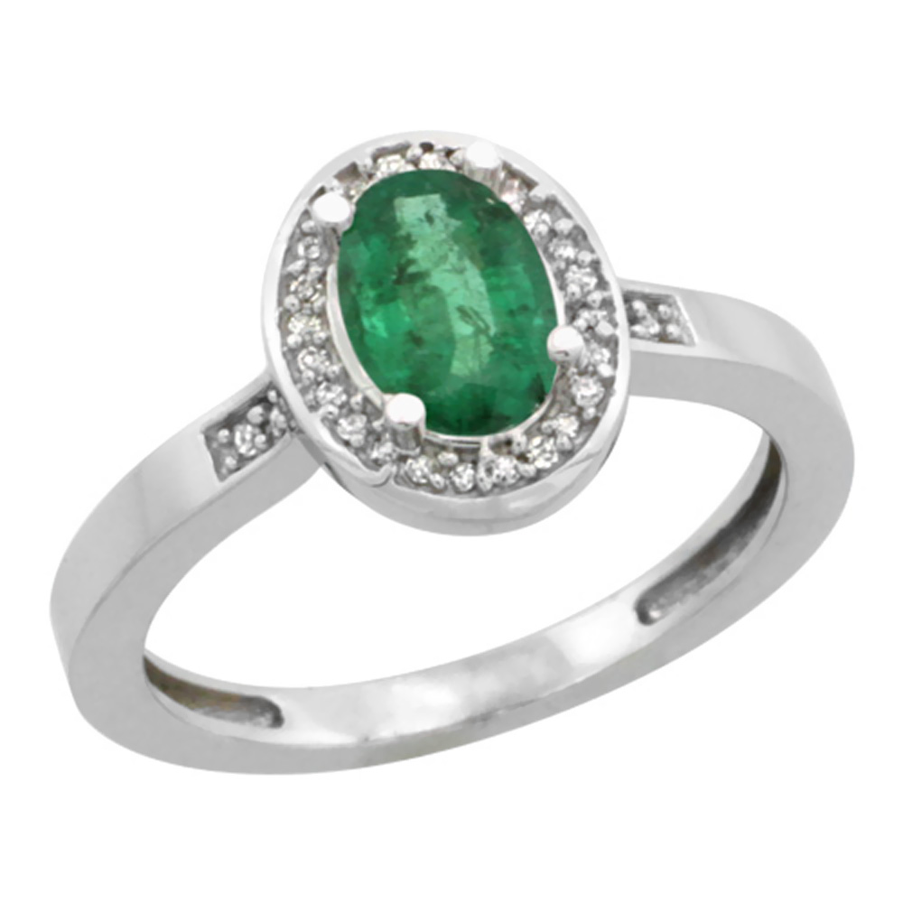 10K White Gold Diamond Natural Emerald Engagement Ring Oval 7x5mm, sizes 5-10