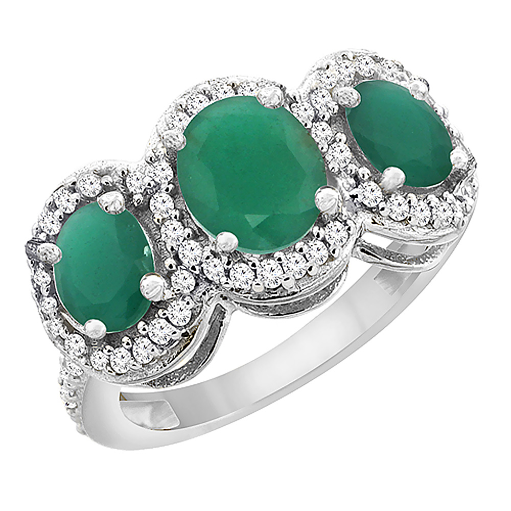 10K White Gold Natural Quality Emerald 3-stone Mothers Ring Oval Diamond Accent, size 5 - 10