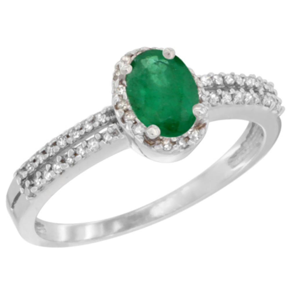 10K White Gold Natural Cabochon Emerald Ring Oval 6x4mm Diamond Accent, sizes 5-10