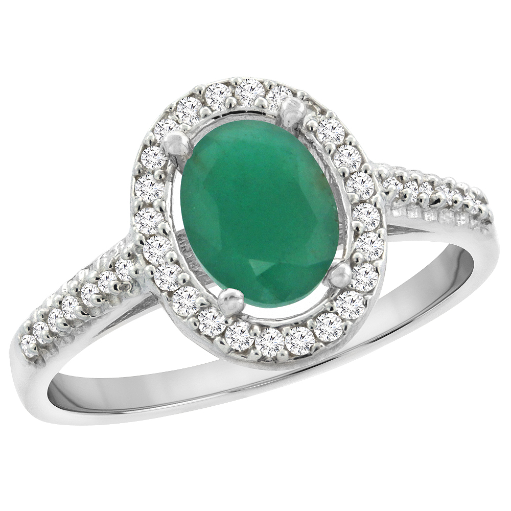 10K White Gold Natural Emerald Engagement Ring Oval 7x5 mm Diamond Halo, sizes 5 - 10