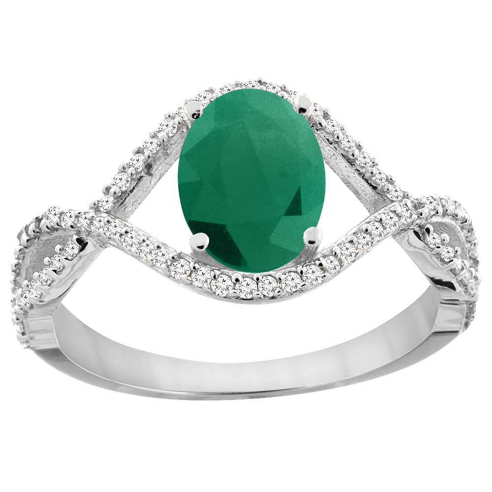 10K White Gold Diamond Natural Quality Emerald Infinity Engagement Ring Oval 8x6 mm, size 5 - 10