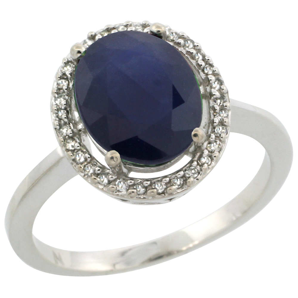 10K White Gold Diamond Halo Natural Blue Sapphire Engagement Ring Oval 10x8 mm, sizes 5-10