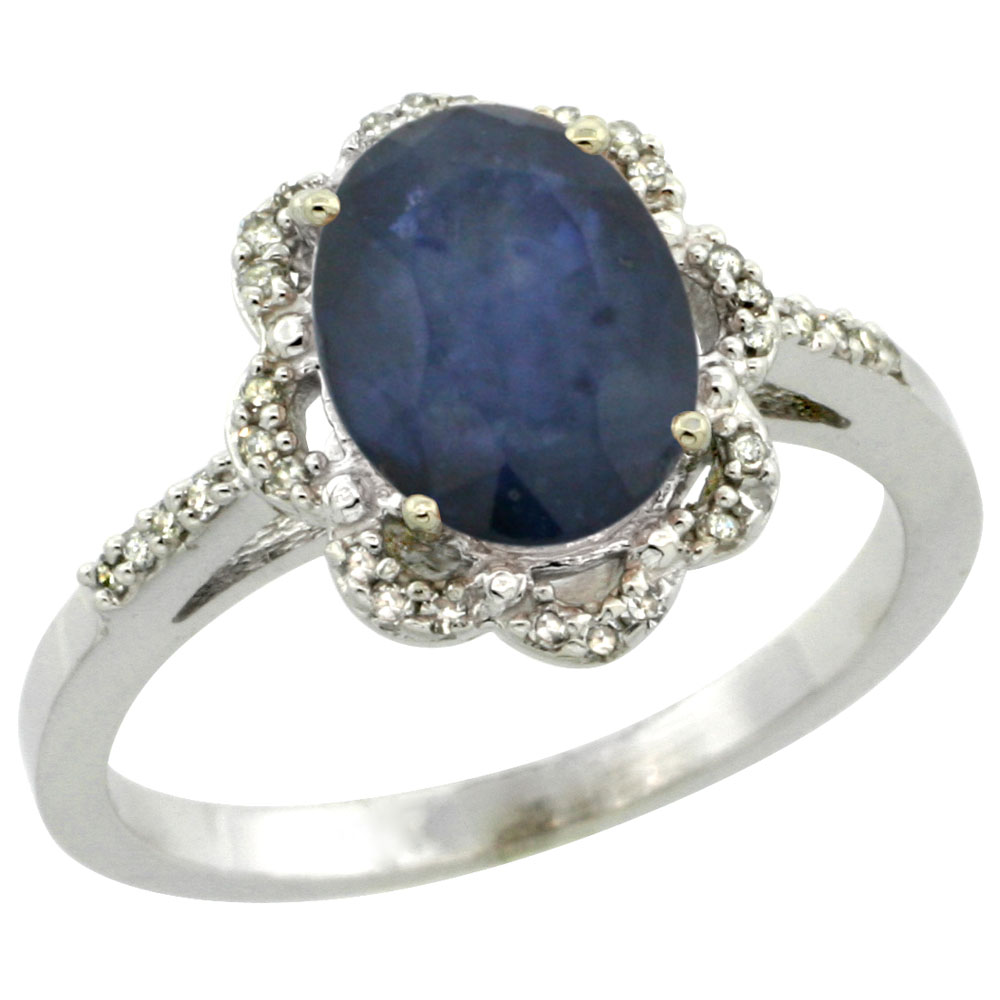 10K White Gold Diamond Halo Natural Blue Sapphire Engagement Ring Oval 9x7mm, sizes 5-10