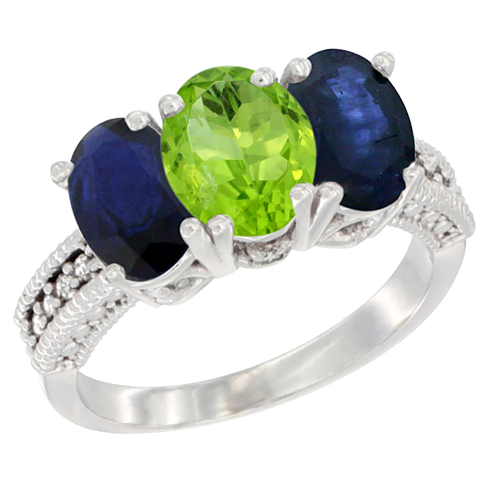 10K White Gold Diamond Natural Peridot & Blue Sapphire Ring 3-Stone 7x5 mm Oval, sizes 5 - 10