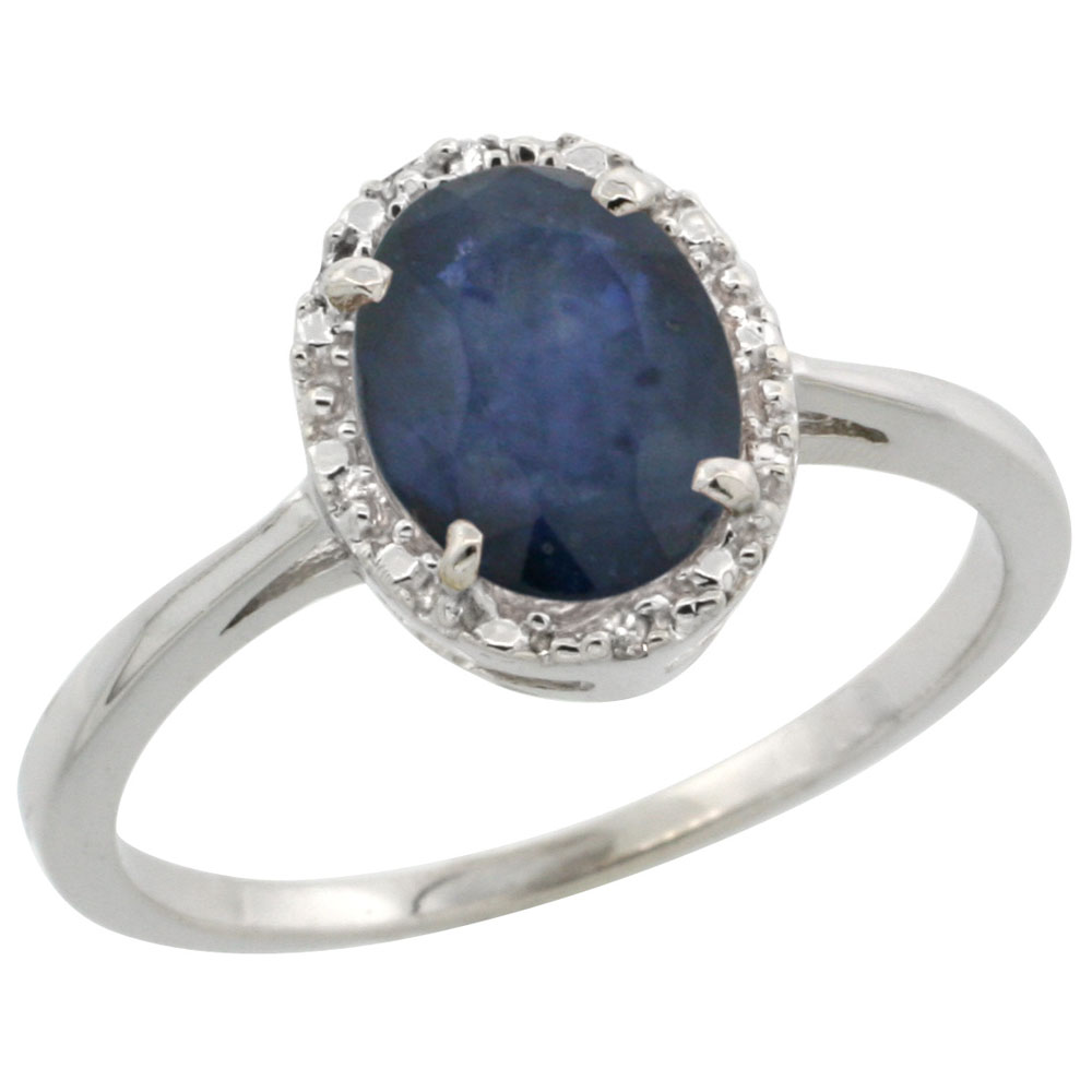 14K White Gold Diamond Natural Quality Blue Sapphire Engagement Ring Oval 8x6 mm, size 5-10