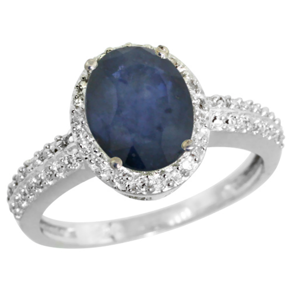 10K White Gold Diamond Natural Blue Sapphire Ring Oval 9x7mm, sizes 5-10
