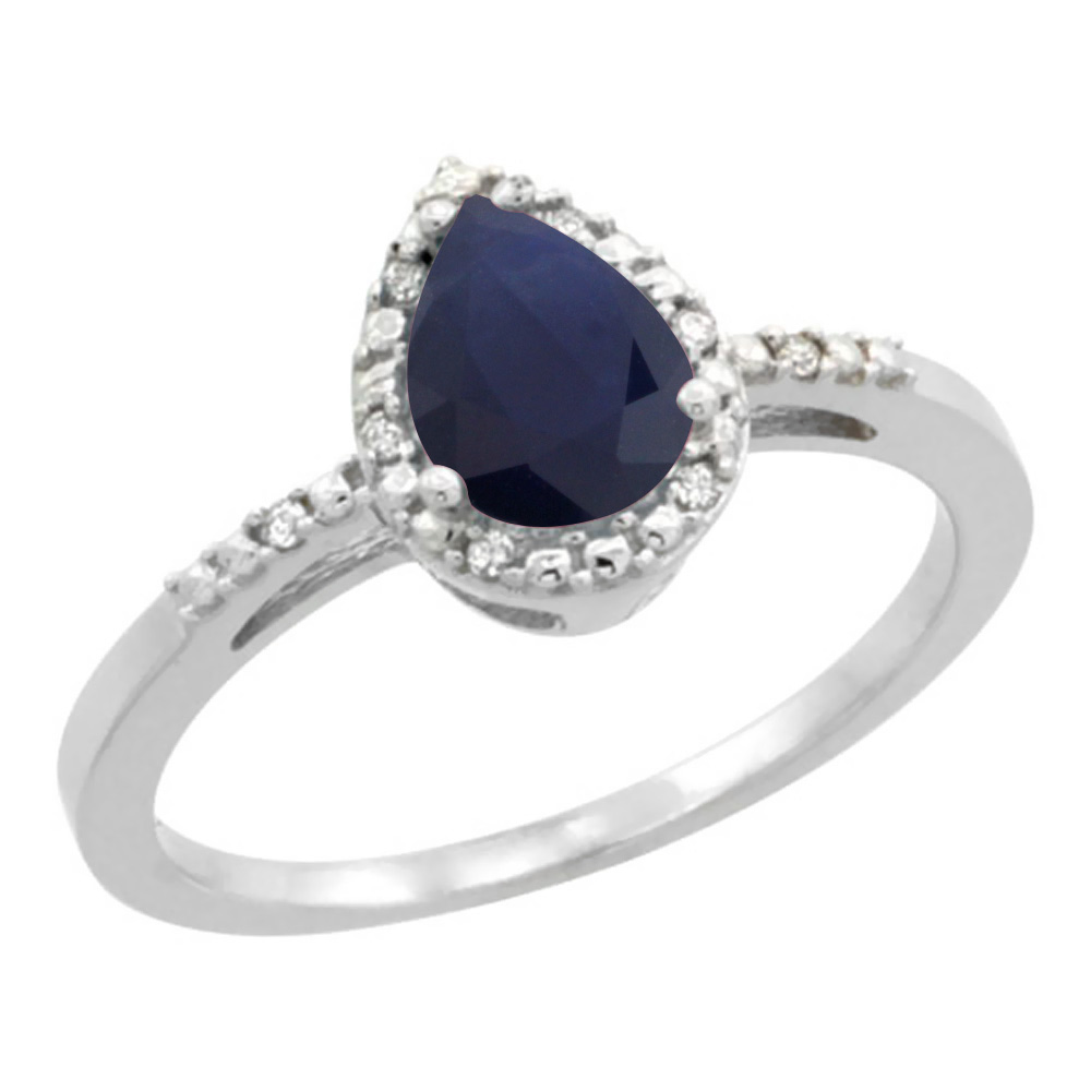 10K White Gold Diamond Natural Blue Sapphire Ring Pear 7x5mm, sizes 5-10