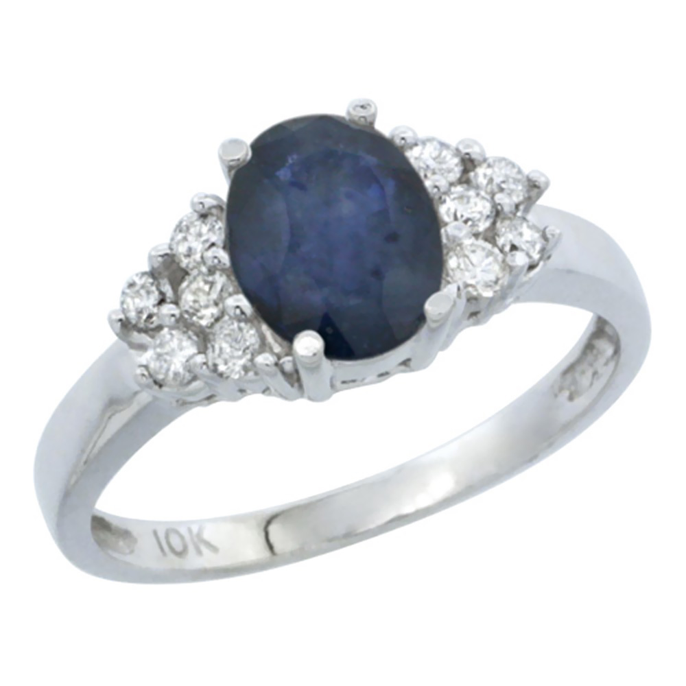 10K White Gold Natural High Quality Blue Sapphire Ring Oval 8x6mm Diamond Accent, sizes 5-10