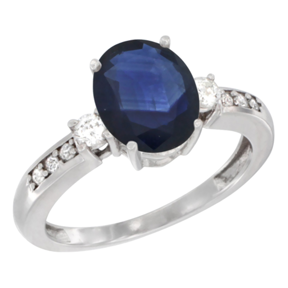10k White Gold Natural Diffused Ceylon Sapphire Ring Oval 9x7 mm Diamond Accent, sizes 5 - 10