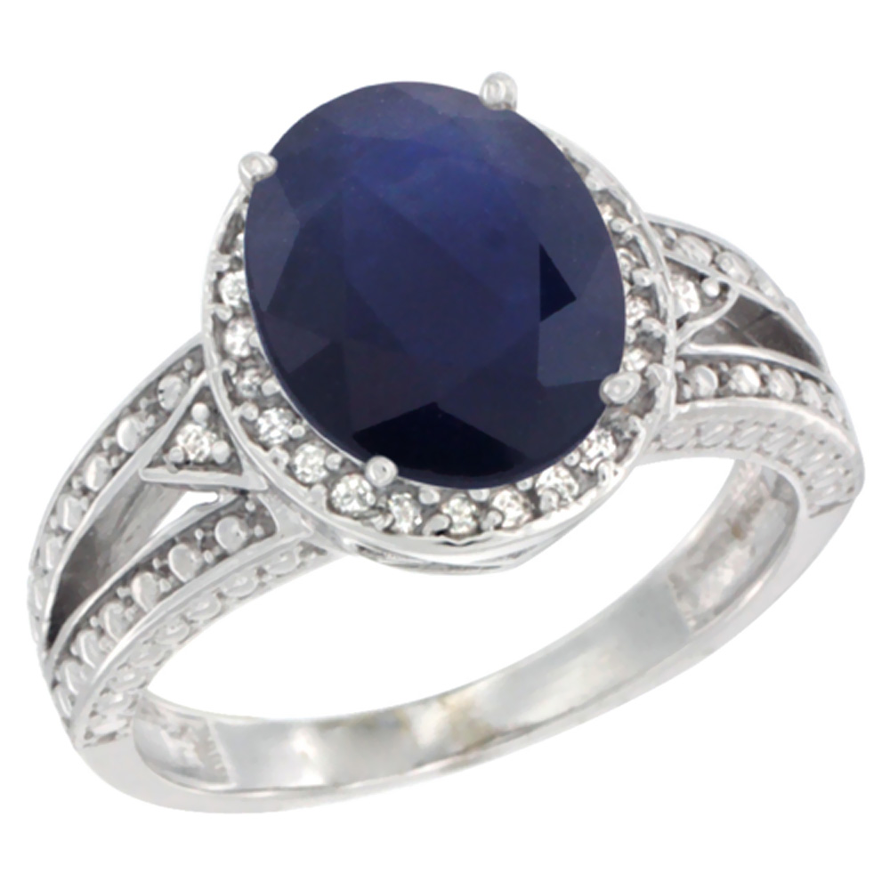 10k White Gold Natural Blue Sapphire Ring Oval 9x7 mm Diamond Halo, sizes 5 - 10