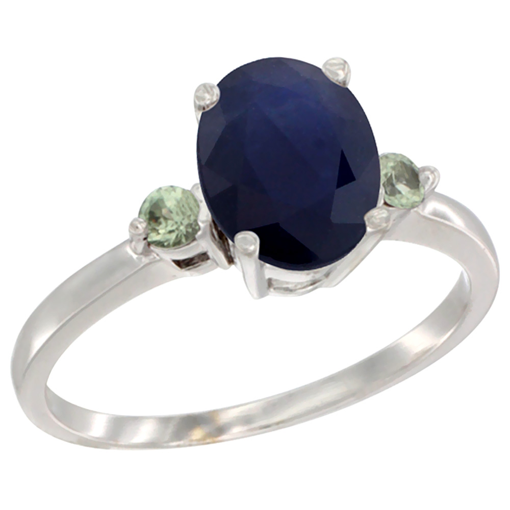 10K White Gold Natural Blue Sapphire Ring Oval 9x7 mm Green Sapphire Accent, sizes 5 to 10