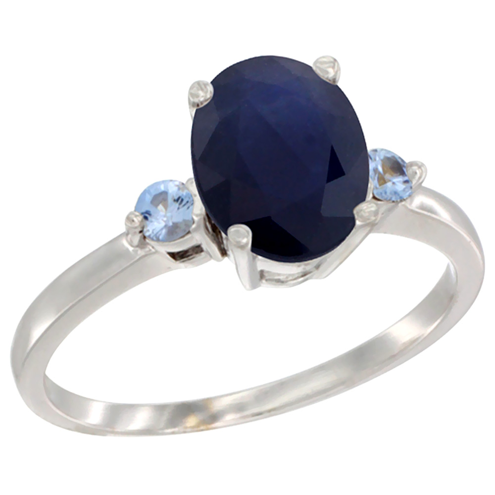 10K White Gold Natural Blue Sapphire Ring Oval 9x7 mm Light Blue Sapphire Accent, sizes 5 to 10