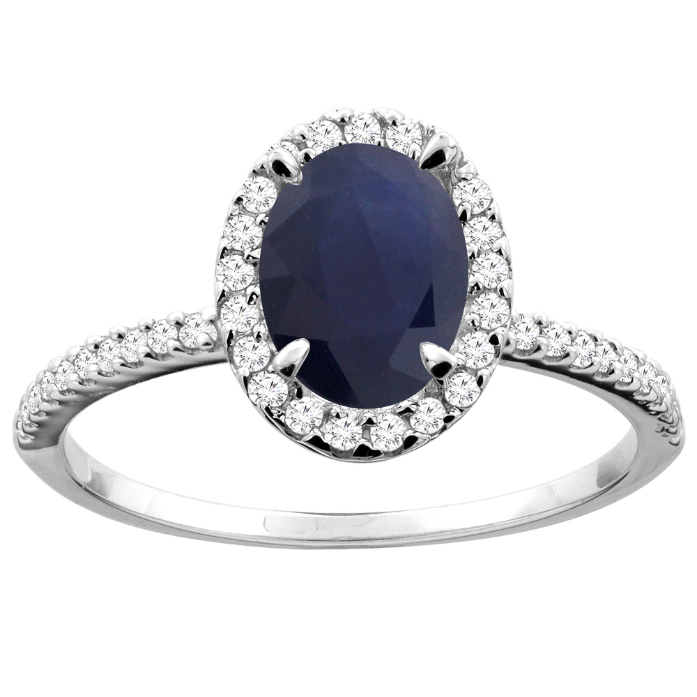10K White/Yellow Gold Natural Blue Sapphire Ring Oval 8x6mm Diamond Accent, sizes 5 - 10