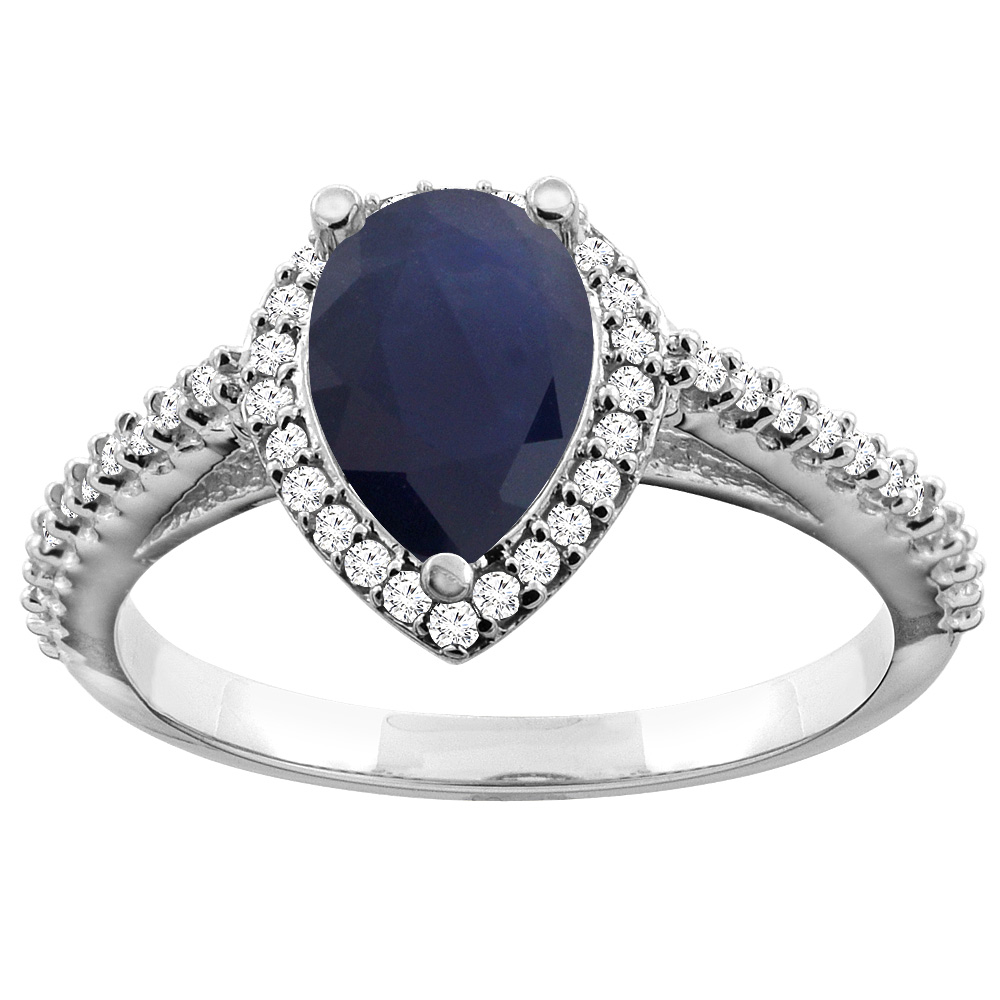 10K White Gold Natural Blue Sapphire Ring Pear 9x7mm Diamond Accents, sizes 5 - 10