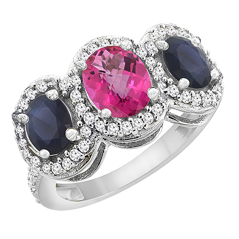14K White Gold Natural Pink Topaz &amp; Quality Blue Sapphire 3-stone Mothers Ring Oval Diamond Accent,sz5-10