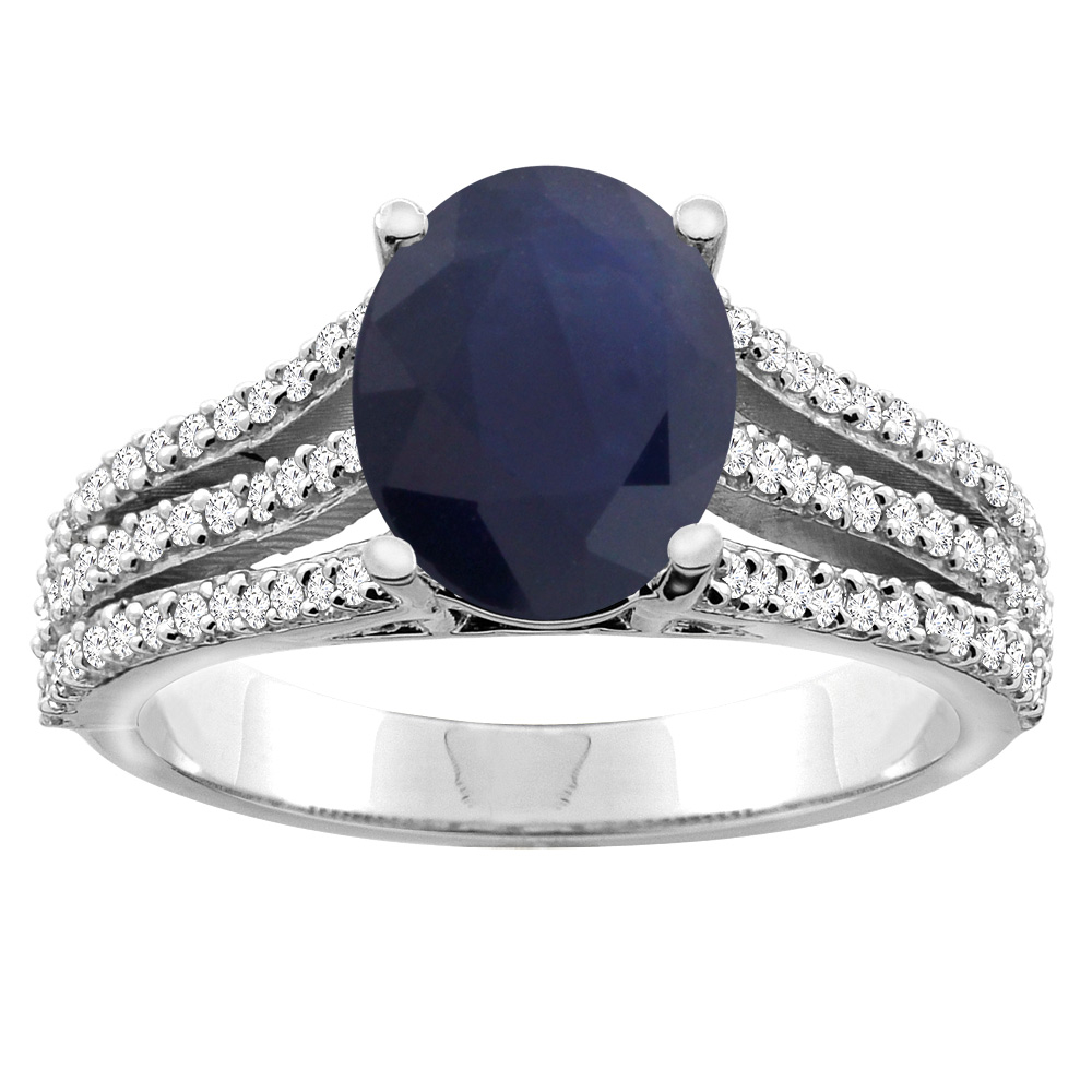 10K White/Yellow Gold Natural Blue Sapphire Tri-split Ring Oval 9x7mm Diamond Accents, sizes 5 - 10