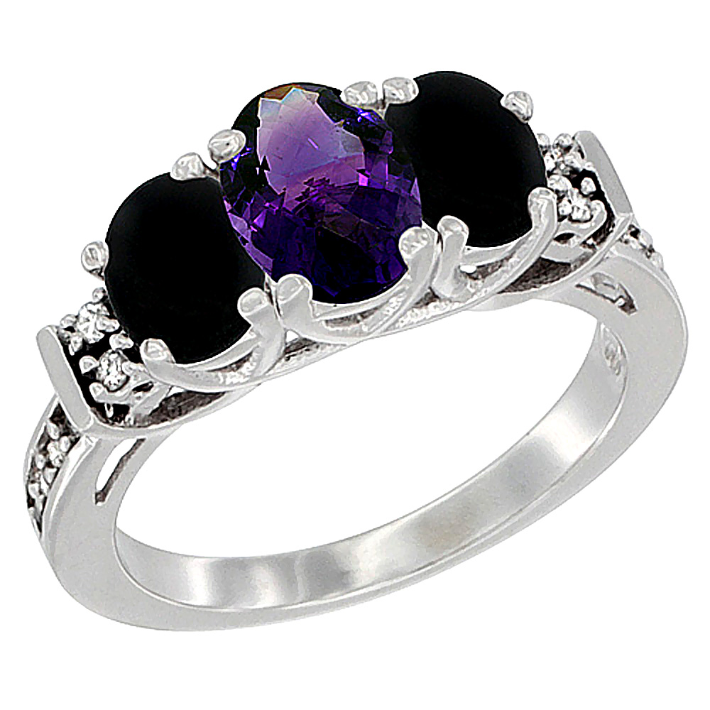 10K White Gold Natural Amethyst &amp; Black Onyx Ring 3-Stone Oval Diamond Accent, sizes 5-10