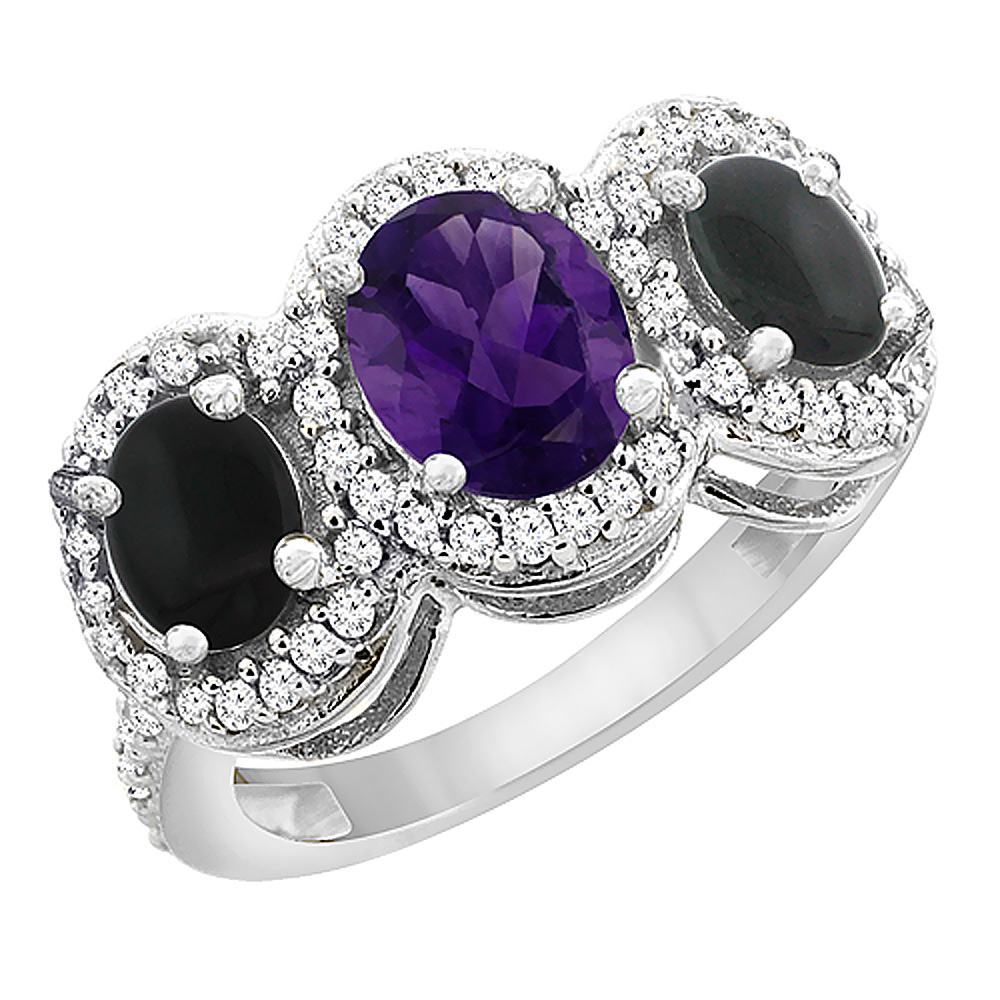 10K White Gold Natural Amethyst & Black Onyx 3-Stone Ring Oval Diamond Accent, sizes 5 - 10