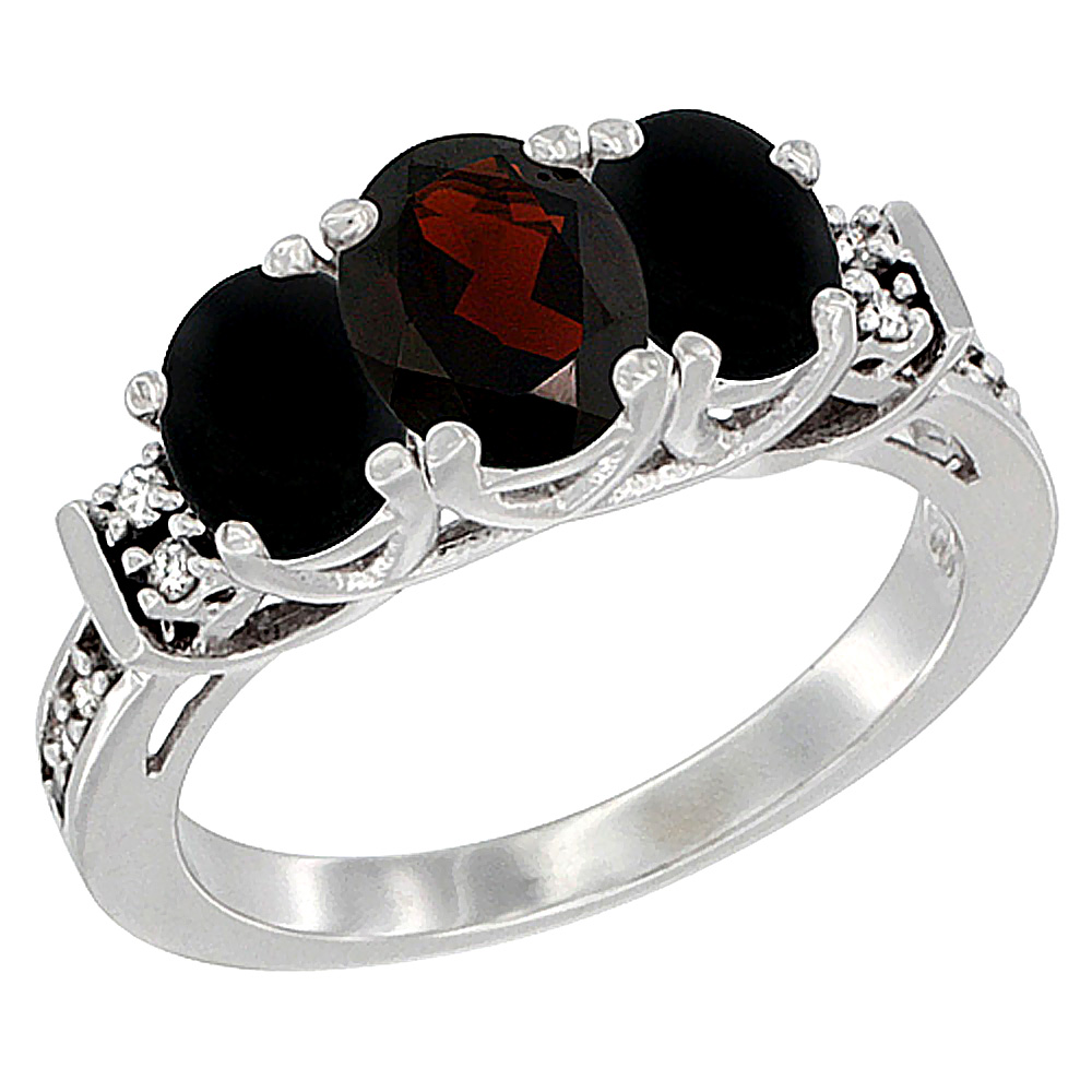 10K White Gold Natural Garnet &amp; Black Onyx Ring 3-Stone Oval Diamond Accent, sizes 5-10