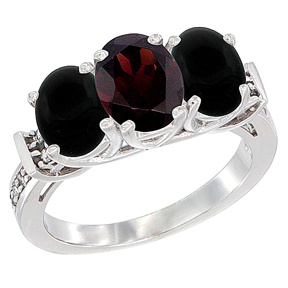 10K White Gold Natural Garnet &amp; Black Onyx Sides Ring 3-Stone Oval Diamond Accent, sizes 5 - 10