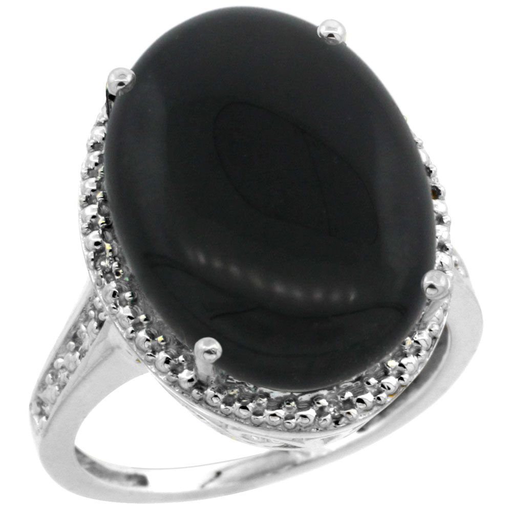 14K White Gold Diamond Natural Black Onyx Ring Oval 18x13mm, sizes 5-10