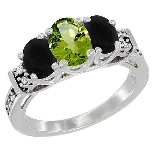 10K White Gold Natural Peridot &amp; Black Onyx Ring 3-Stone Oval Diamond Accent, sizes 5-10