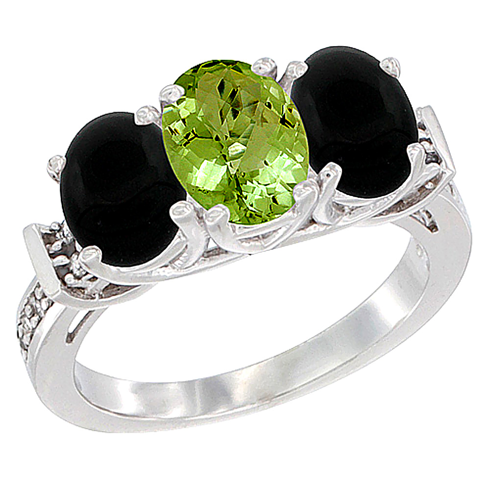 10K White Gold Natural Peridot &amp; Black Onyx Sides Ring 3-Stone Oval Diamond Accent, sizes 5 - 10