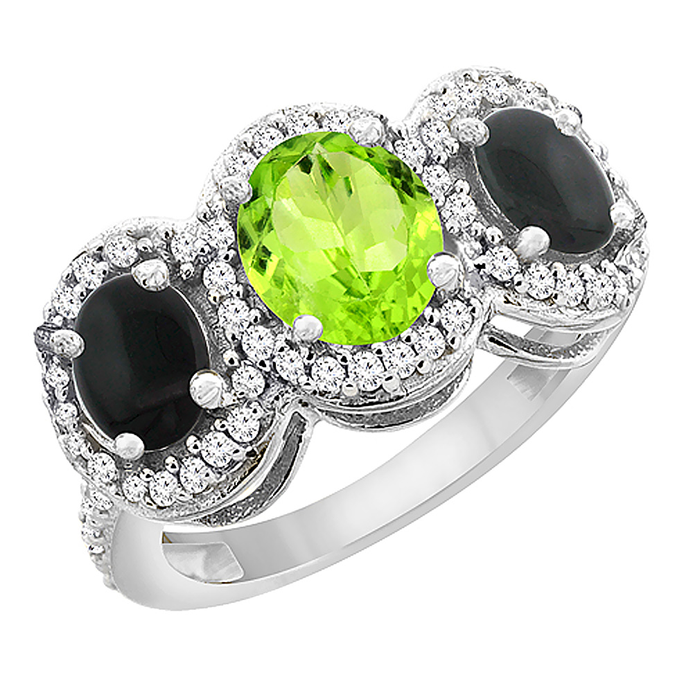 10K White Gold Natural Peridot & Black Onyx 3-Stone Ring Oval Diamond Accent, sizes 5 - 10