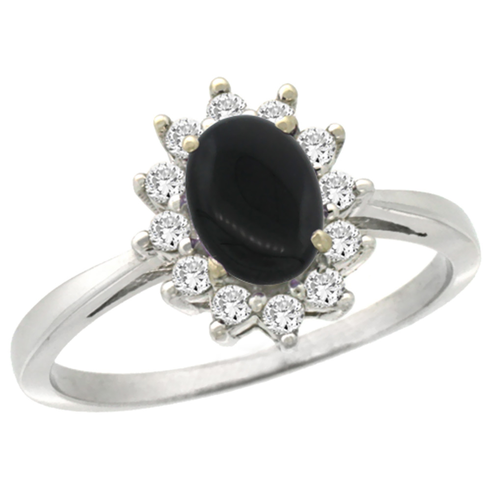 10k White Gold Natural Black Onyx Engagement Ring Oval 7x5mm Diamond Halo, sizes 5-10