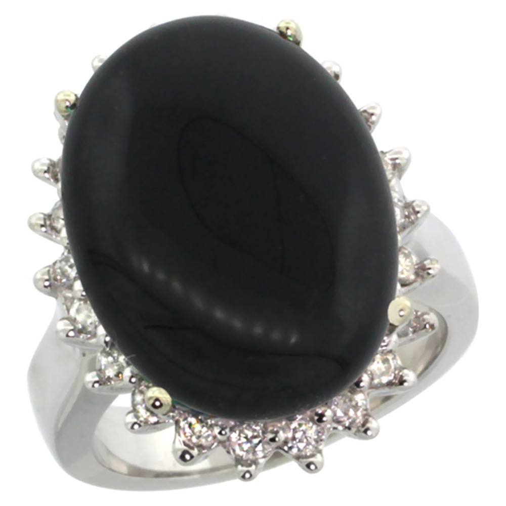 14k White Gold Diamond Halo Natural Black Onyx Ring Large Oval 18x13mm, sizes 5-10