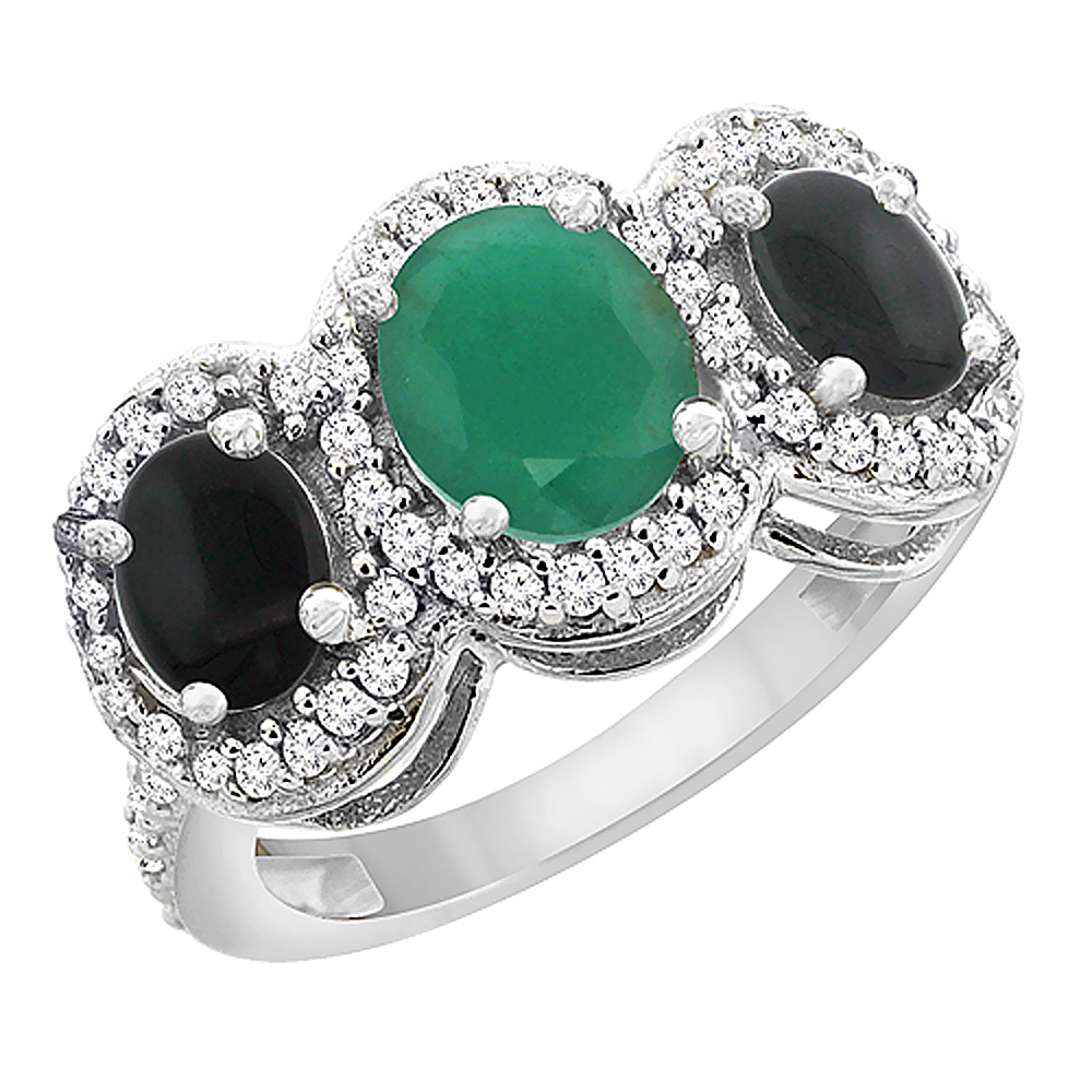 10K White Gold Natural Cabochon Emerald & Black Onyx 3-Stone Ring Oval Diamond Accent, sizes 5 - 10