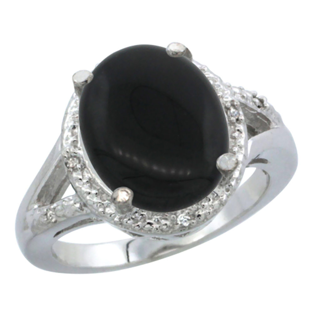 14K White Gold Natural Onyx Ring Oval 12x10mm Diamond Accent, sizes 5-10