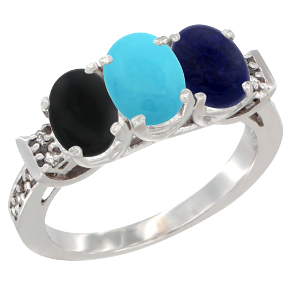 10K White Gold Natural Black Onyx, Turquoise &amp; Lapis Ring 3-Stone Oval 7x5 mm Diamond Accent, sizes 5 - 10