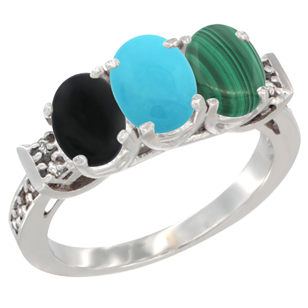 14K White Gold Natural Black Onyx, Turquoise &amp; Malachite Ring 3-Stone Oval 7x5 mm Diamond Accent, sizes 5 - 10