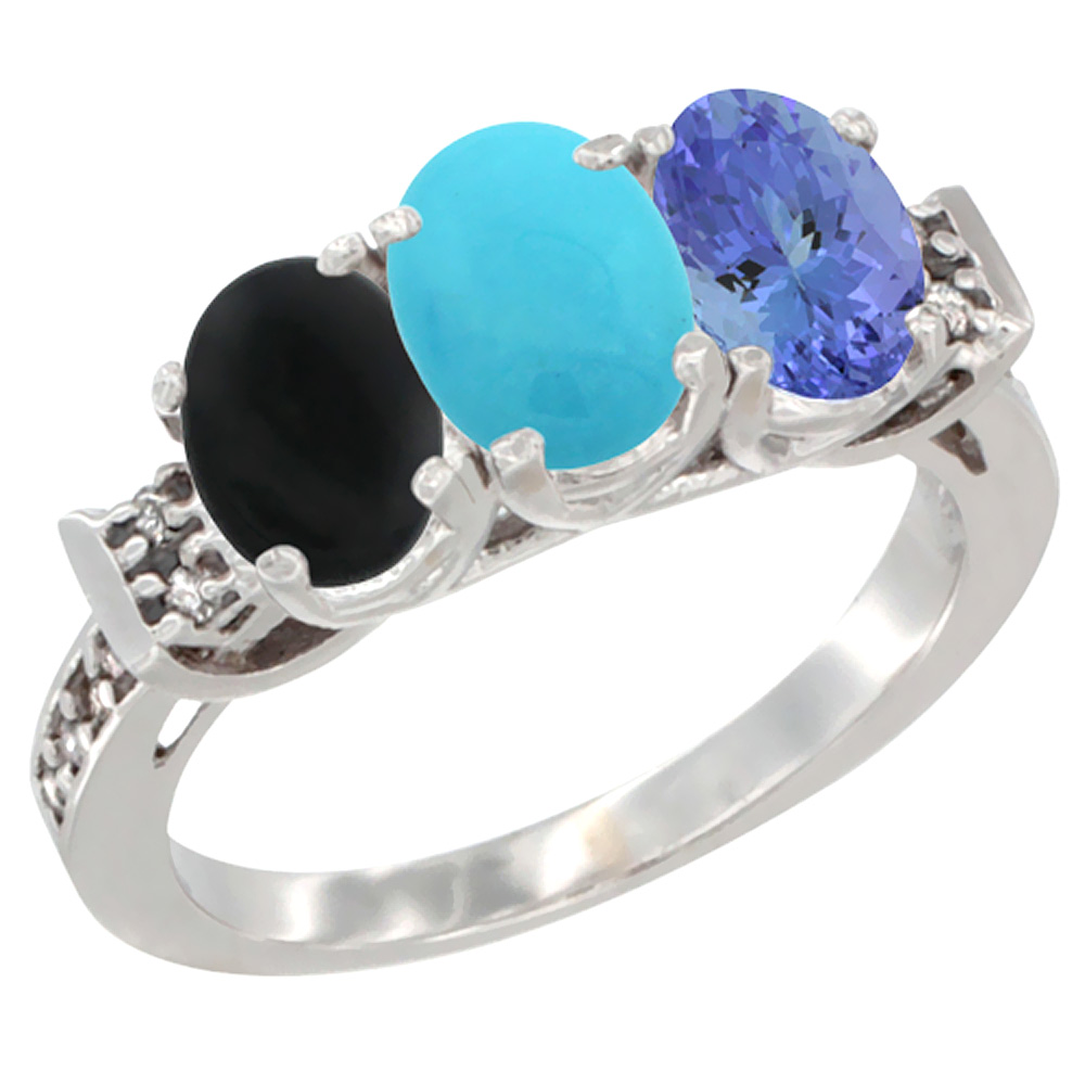 10K White Gold Natural Black Onyx, Turquoise &amp; Tanzanite Ring 3-Stone Oval 7x5 mm Diamond Accent, sizes 5 - 10